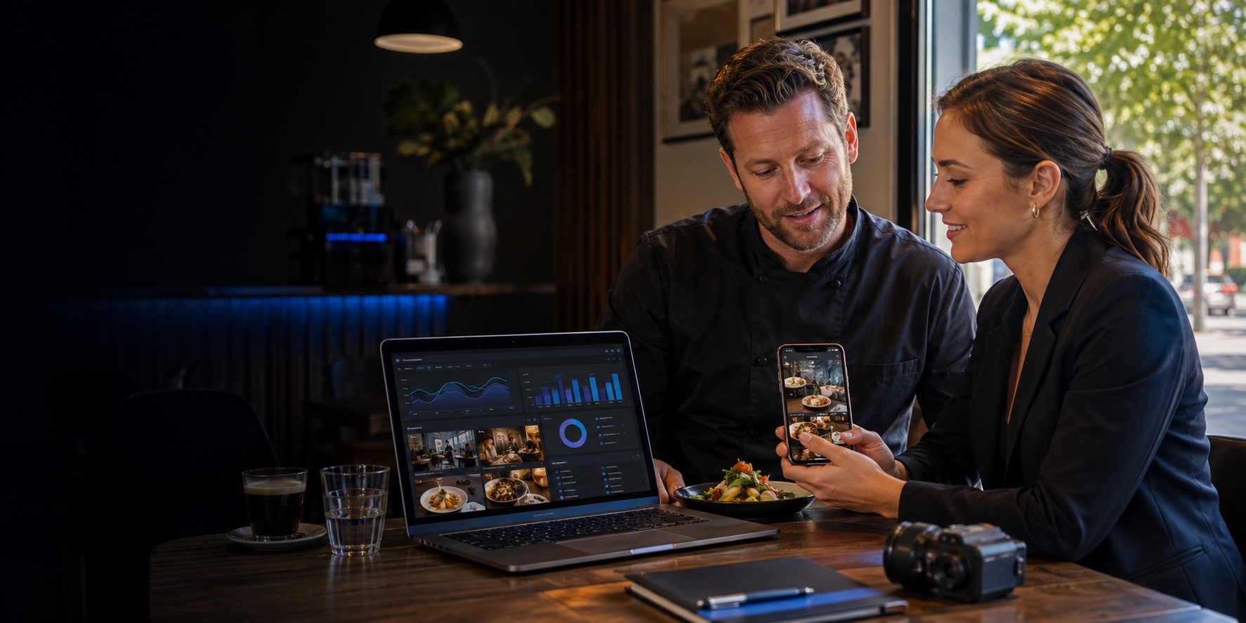 A restaurant owner and Phoenix marketing specialist reviewing campaign analytics, food photography and social media content